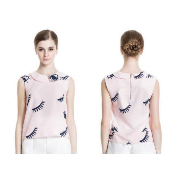 Summer Sleeveless Eyelashes Pattern Round Neck Ladies Shirt